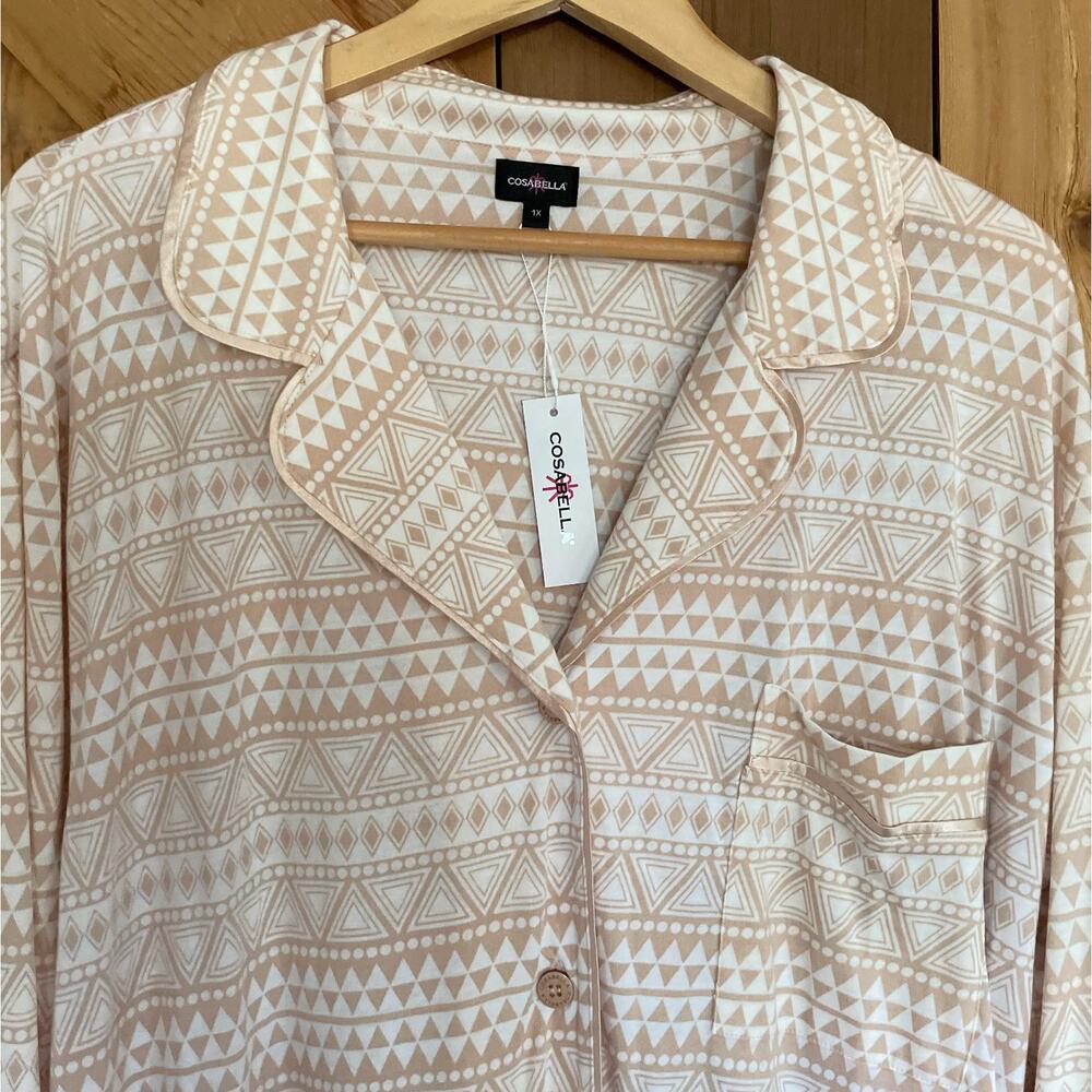 NWTs Cosabella Sleepshirt Tan and White Cotton Modal Button Nightgown, Sz XL